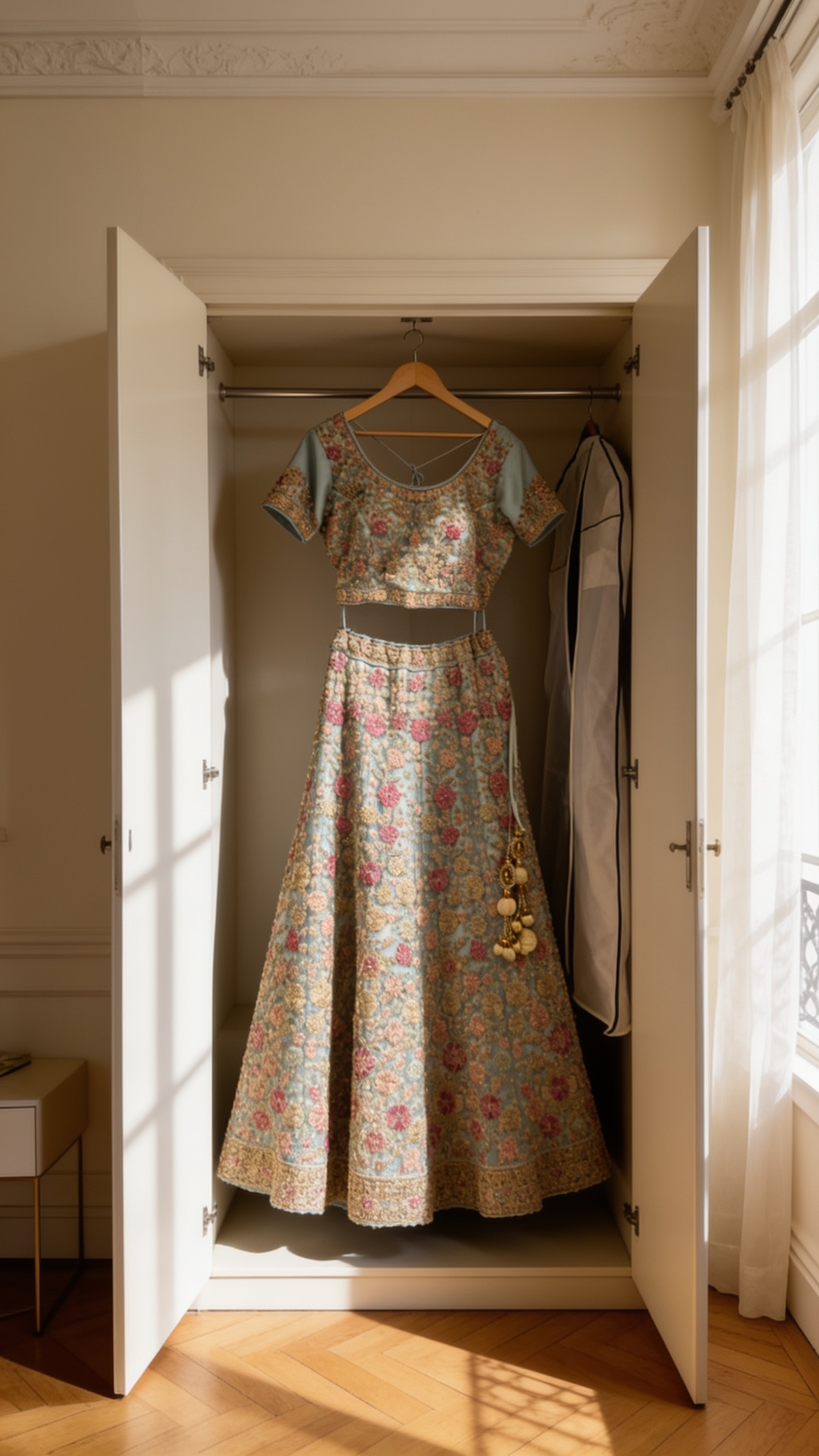 Lehenga brodé suspendu dans un dressing, prêt à être loué chez Patakka